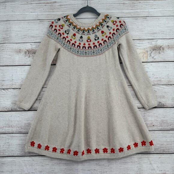 Hanna Andersson Winter Gnome Sweater Dress Girls 10 Cream Red Blue Fair Isle - Picture 1 of 11